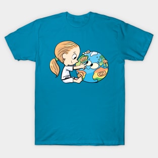 little girl cares for the injured planet earth T-Shirt